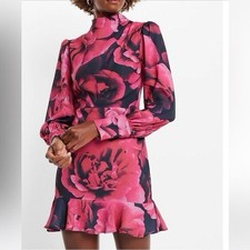 Express XS Red Pink Floral Long Sleeve Mini Dress Ruffle Hem V-Neck