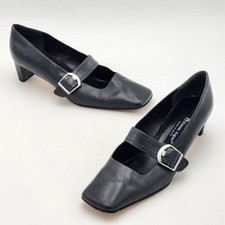 Etienne Aigner Vintage Leather Mary Jane Pumps Buckle Heel Shoes Black Size 10