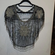 Fancy Black Tulle and Silver Beaded Over The Head Cape Floral Rhinestones Party