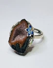 Vintage 925 Sterling Silver Natural Purple Agate Geode Druzy Star Leaf Ring