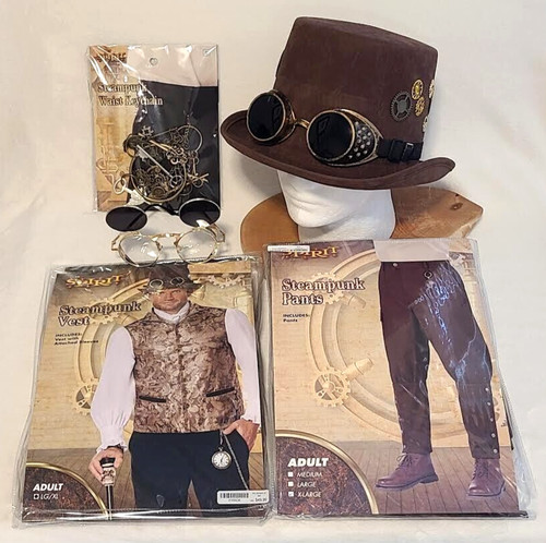 SPIRIT Halloween Steampunk Costume Cosplay Mens L/XL with Hat Goggles Keychain
