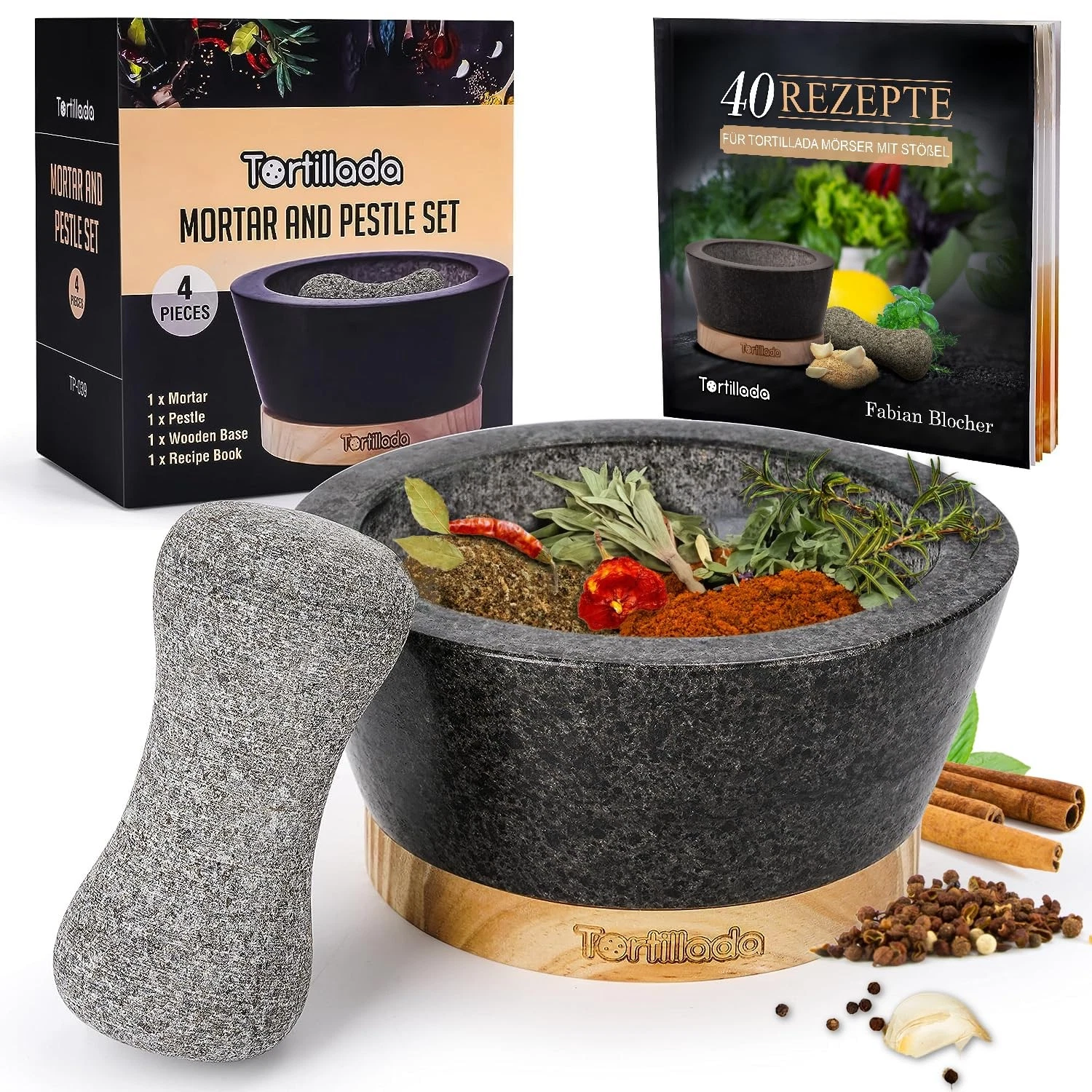 Tortillada – 6-inch Mortar and Pestle Set Large Made of Natural Granite Black
