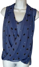 CAbi Top Cami S Blue Black White Floral Polka Dot Surplice Bubble Hem 2 PC 5534