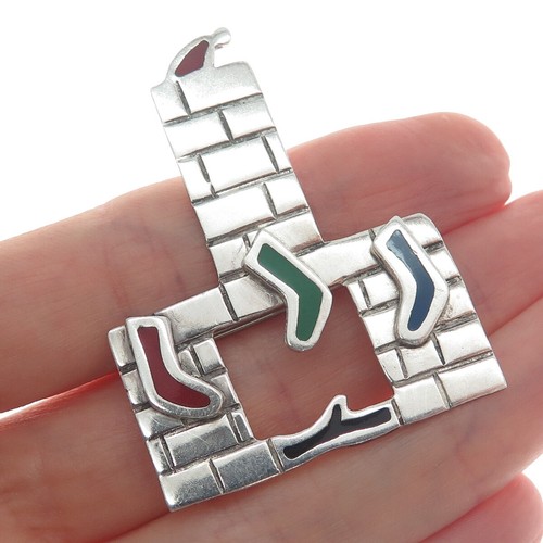 925 Sterling Silver Vintage AHD Mexico Enamel Christmas Fireplace Pin Brooch