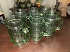 6 Vintage Anchor Hocking Green Ribbed Panel Mugs Drinking Glasses 12oz (T7)