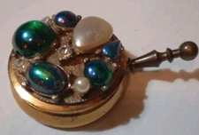 VTG Portable Ashtray/Pillbox with Rhinestones, Faux Diamonds & Pearls Goldtone