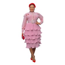 Plus Size Women Long Sleeve Buttons Lace Patchwork Ruffled Casual Party Dress