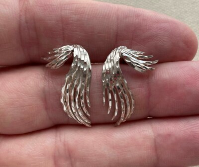 Diamond Cut Wing Earrings Wave Swirl Vintage Steampunk Artisan MI? Sterling 1''