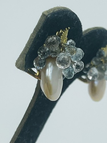 18k Oro Amarillo Briolette Aguamarina Azul Y Perla Pendientes Clip - Imagen 5 de 10