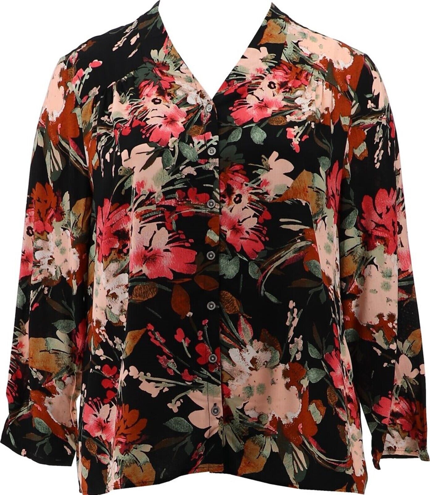 Denim & Co. Printed V-Neck Button-Front Blouse-Black-Large A458249