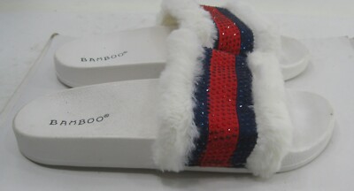 Rhinestone Bamboo Fuzzy Slippers Bamboo White /red FLUFFY SANDAL