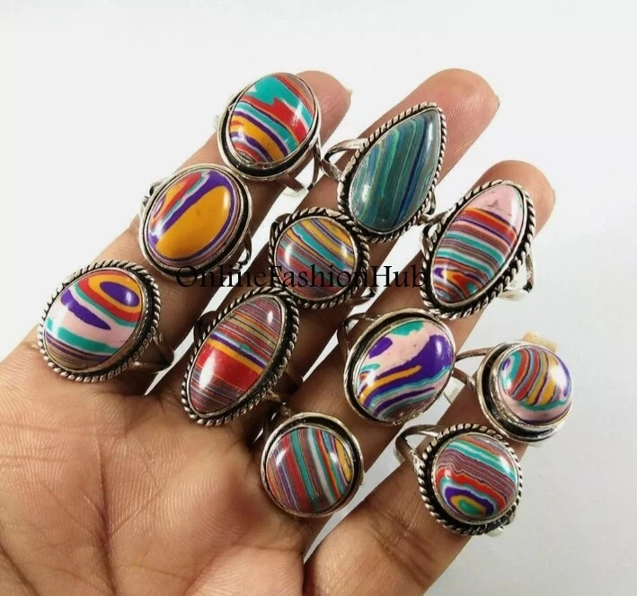 Rainbow Calsilica Gemstone 925 Sterling silver Plated Lot Ring