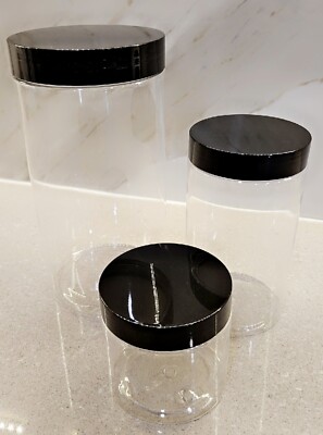 Containers, Plastic Jar Set of 3 Sizes (6oz, 12oz, 32oz) with Black Lids