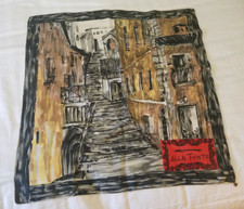 Vintage Italian Silk Scarf Street Scene Hand Hem Twill 30x30" Gray Alla Fonte