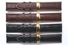 20 22mm Brown or Black Alligator Grain Leather Watch Band Gold Push Button Clasp