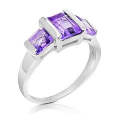 1 cttw 3 Stone Purple Amethyst Ring .925 Sterling Silver with Rhodium Emerald