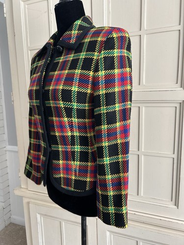 Emmanuel Ungaro Vtg. Wool Multi Colored Plaid Cropped Blazer-zips/snaps-Sz.2 - Picture 10 of 13