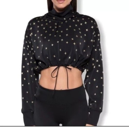 Koral Cropped Star Print Cropped Hooded Sweatshirt Size XS Black Gold Hoodie - Picture 3 of 14