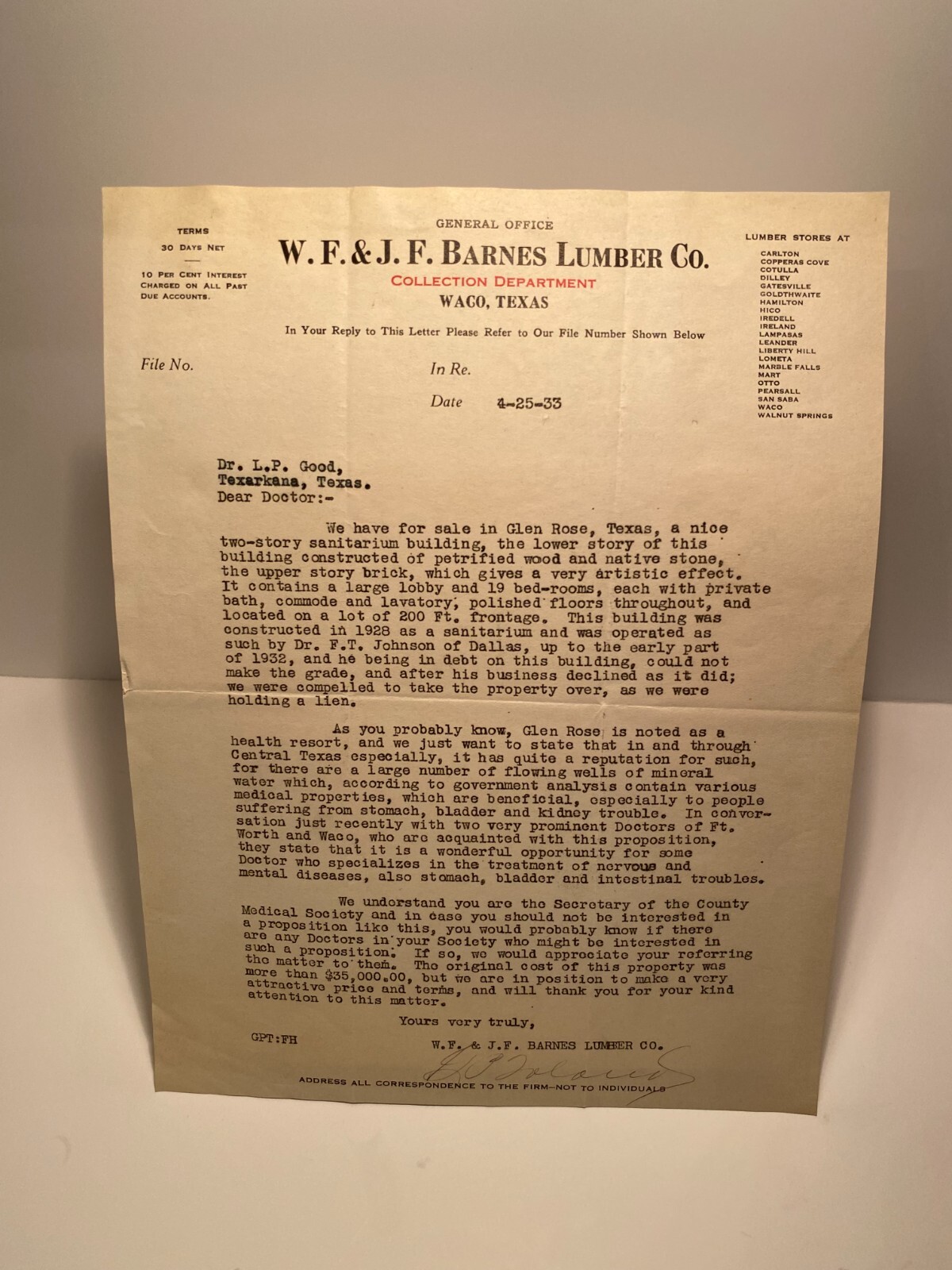 Barnes Lumber Co Waco Sale of Sanitarium Building Glen Rose Texas F. T