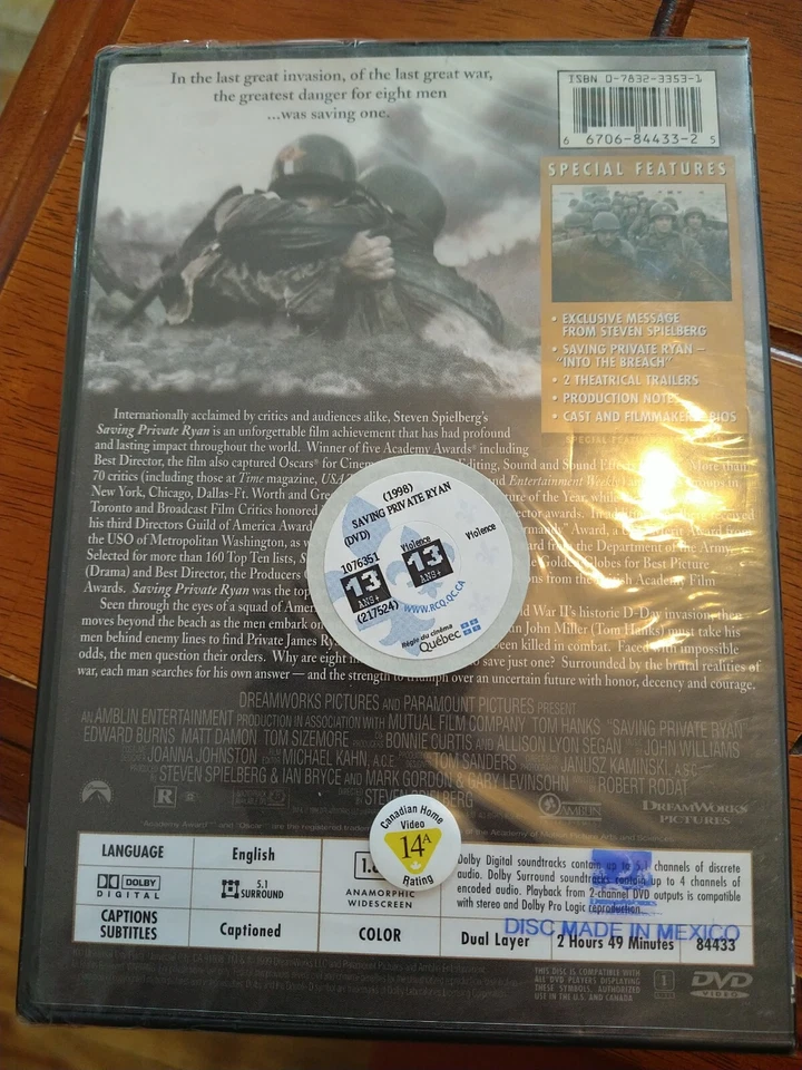 Saving Private Ryan (DVD, 1999) Hanks Steven Spielberg (DIR) Brand New Sealed!! - Image 2 of 2