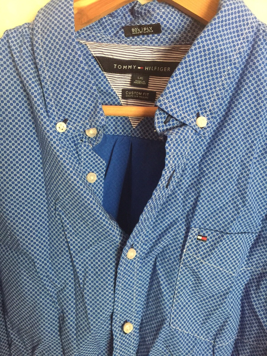 Tommy Hilfiger Button Down Custom Fit Dress Shirt Navy Blue White Honeycomb  L