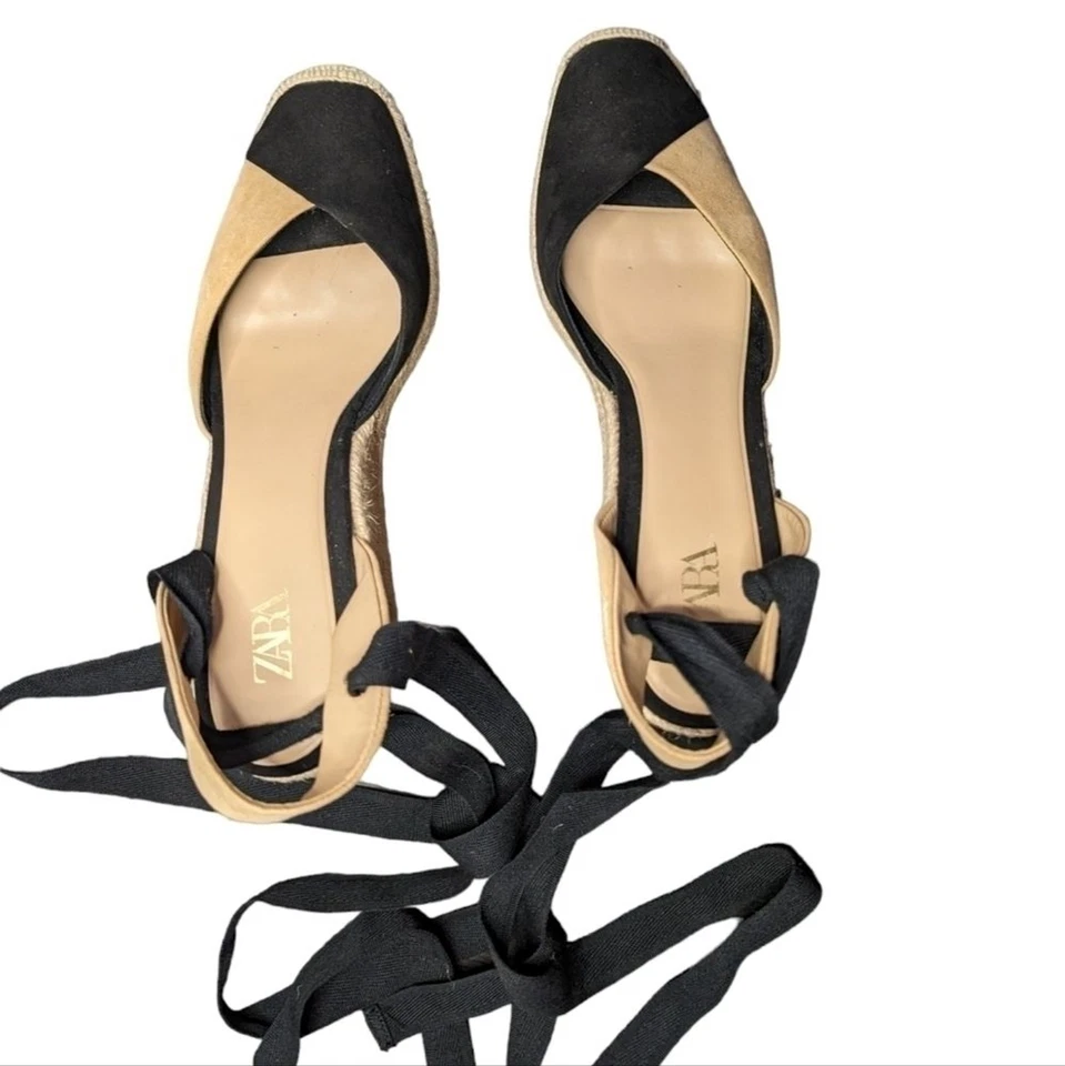Sandalias de cuña alpargata Zara negras tostadas al tobillo envolventes plataforma tacones talla Foto 3 de 4