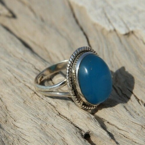 Solid 925 Sterling Silver Oval Shape Blue Calcy Classy Handmade Gifts Rings - Picture 5 of 5