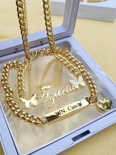 Custom Name Jewelry Set Necklace Bracelet Heart Gold Silver Stainless Steel Gift - Picture 5 of 6