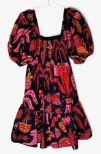 FARM Rio Black Pink Red Tropical Print Magic Poplin Cotton Mini Dress S = 4/6