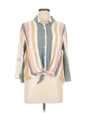 Olive and Oak Women Gray 3/4 Sleeve Button-Down Shirt L