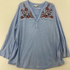 Style & Co. Top size 2X Blue Floral Embroidered Slub Cotton Stretch Comfy Casual