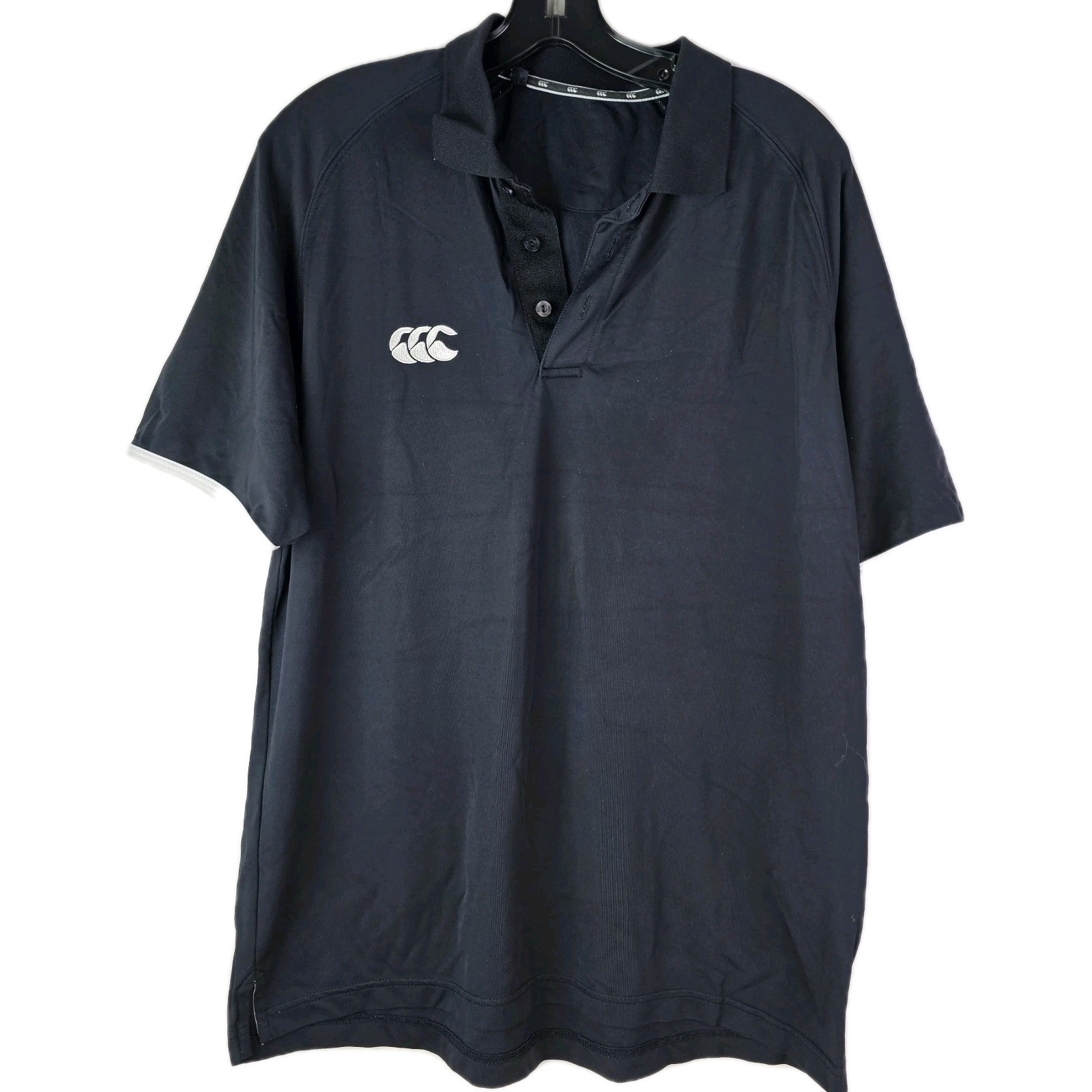 Canterbury of New Zealand Mens Vintage Polo Shirt Large Black White Logo SS