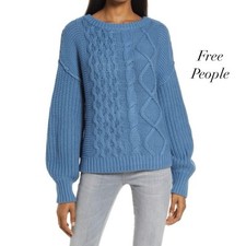 Free People Dream Cable Blue CHUNKY Crew Neck Sweater NWOT Size XS FLAW