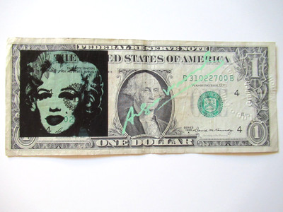 1 US  DOLLAR VON ANDY WARHOL  ORIGINAL SIGNIERT, USPS- FEB 10.1987 AUF US-STAMP
