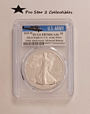 2025-w Pcgs Pr70 Dcam Silver Eagle W/ U.s. Army Privy Advance Release 250th Ann