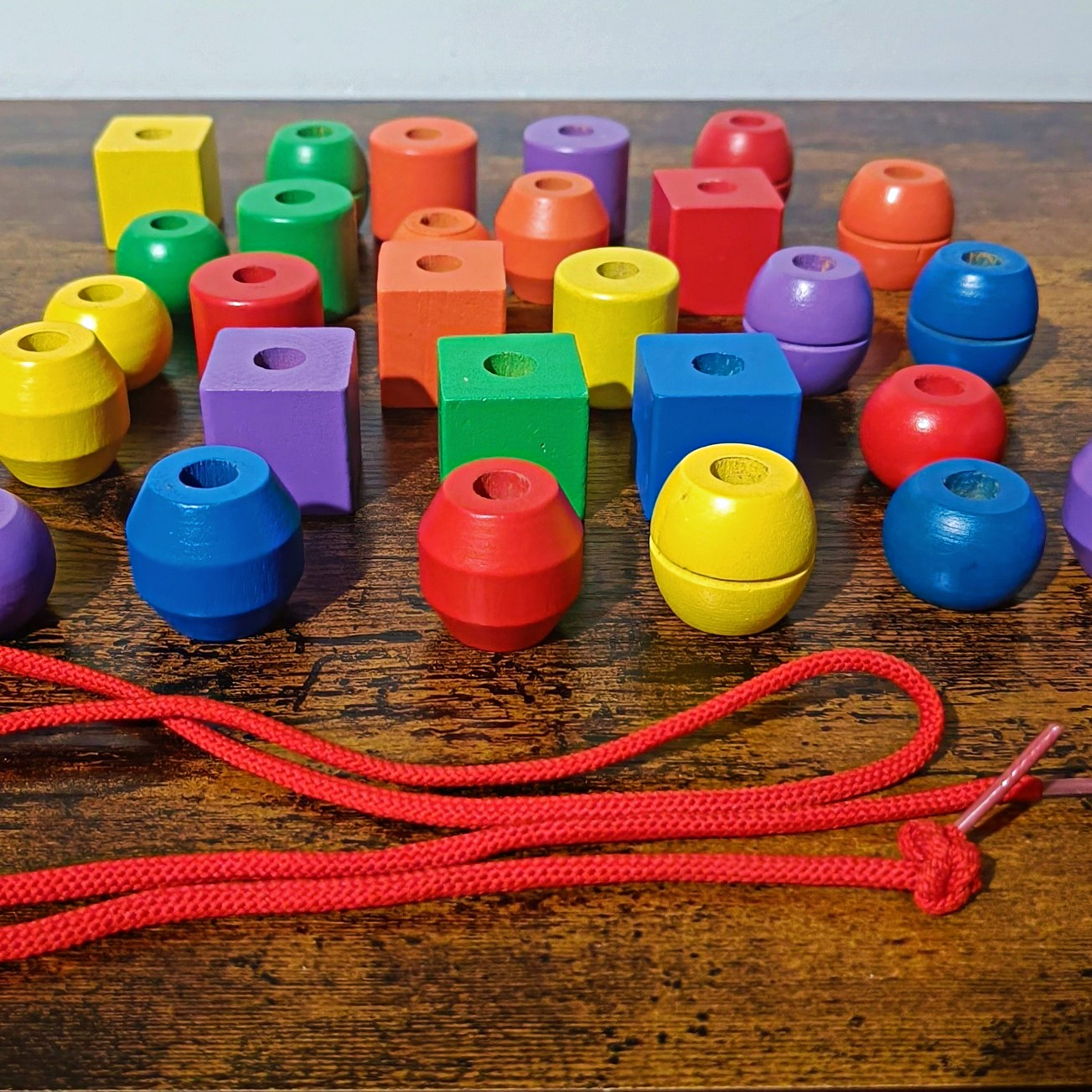 Wooden Lacing Beads Set Colourful Shapes & Threading Cord Preschool Montessori