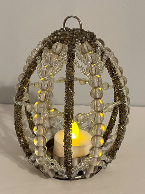 Pottery Barn Small Beaded Egg Candleholder 5.5 Inch Tall Clear, Silver, Gray