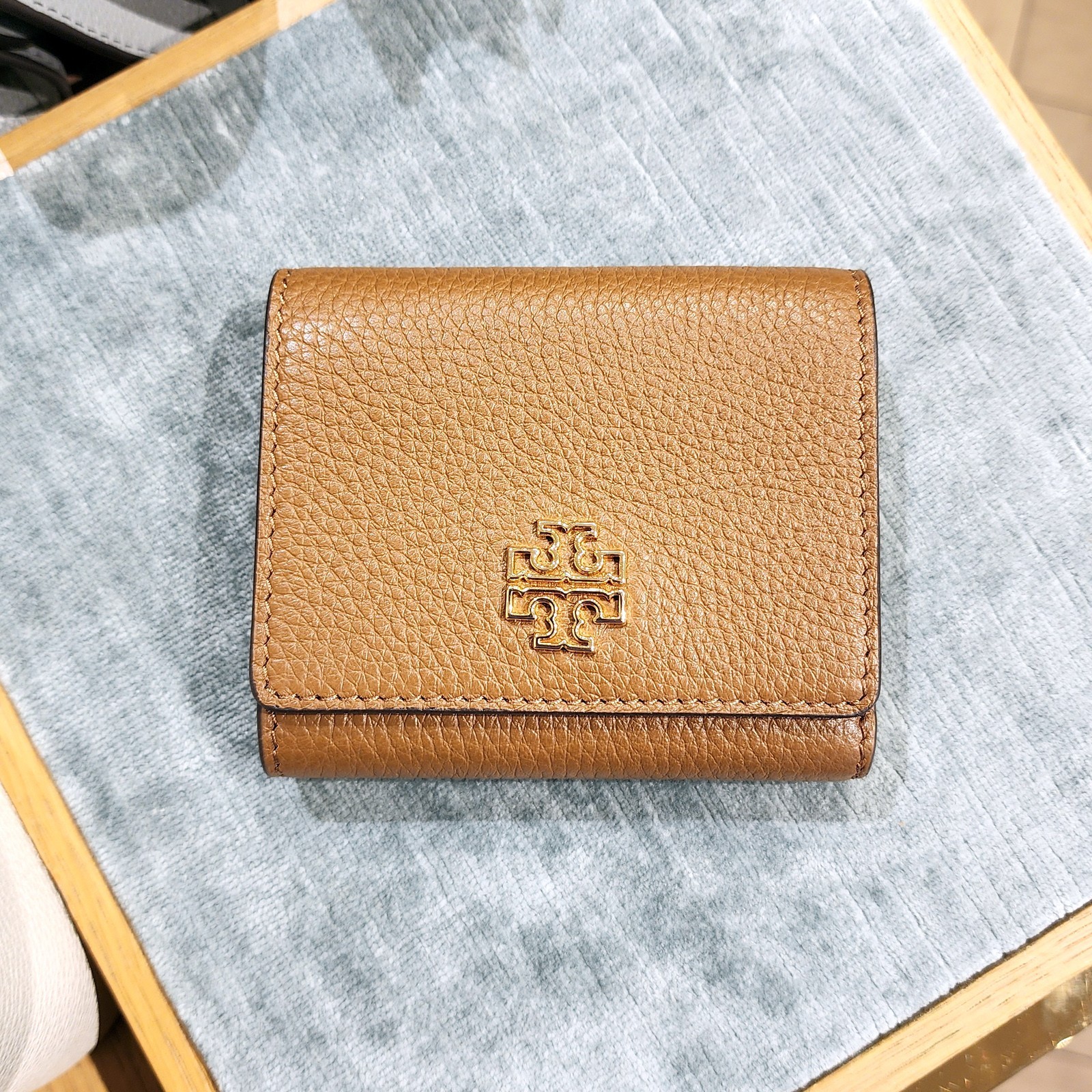 Tory Burch BRITTEN Brown Moose Pebbled Leather Tri-Fold Compact Wallet 159431