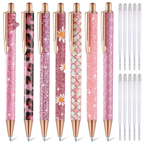 7 Pcs Fancy Pens for Women Cute Sparkly Glitter Pens with 10 Pcs Black Ink Re... - Picture 1 of 6