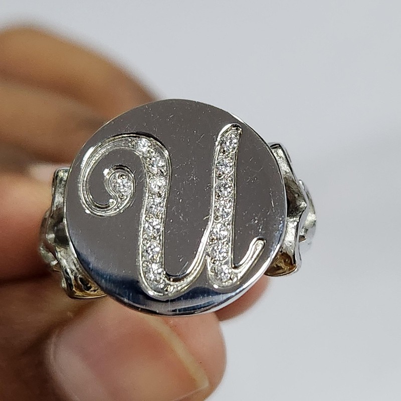 QVC Stainless Steel Crystal U Initial Signet Ring Size 6