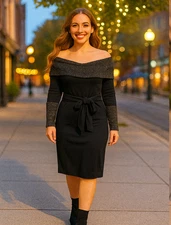 Vince Camuto Size XL Black Metallic Off the Shoulder Knit Cocktail Midi Dress