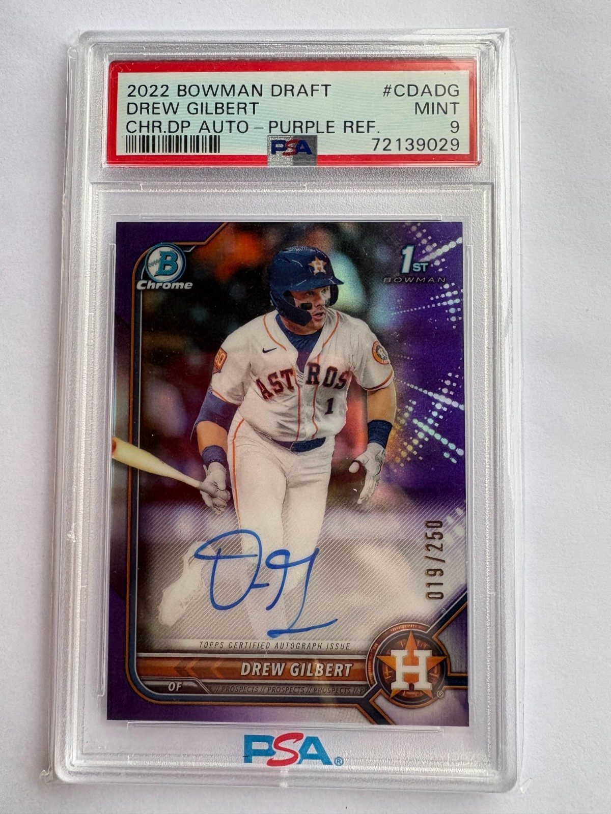 2022 Bowman Chrome Draft Drew Gilbert 1st Auto Purple #019/250 PSA 9