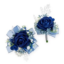 2 pcs Wrist Corsage and Boutonniere Set, Deep Blue Rose Wrist Deep Blue Corsage