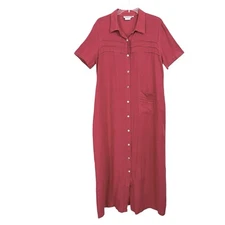 Match Womens Vintage Linen Button Front Maxi Shift Dress 12 Red Coastal Grandma