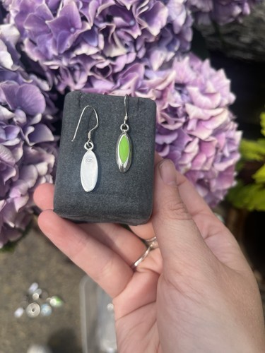 925 Sterling Silver Long Oval Green Stone Set Dangle Earrings (3.5cm) - Picture 7 of 7