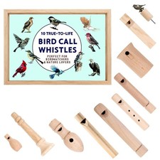 10-Piece Handcrafted Wooden Bird Call Set, Bird Call Whistle Encased in Acryl...