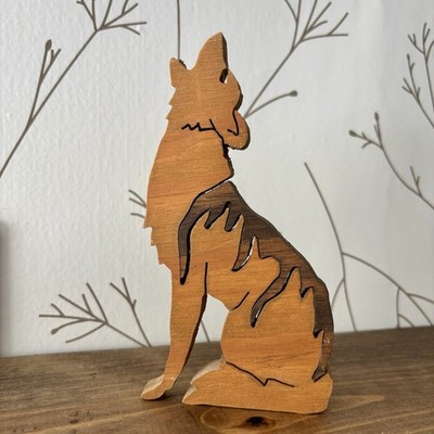 Vintage Inlay Wood Howling Wolf Cut Out Two Tone Stand Handmade Dog Carved Pup