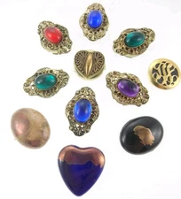 11pc Set Lot Vintage Metal Jewel & Ceramic Metallic Button Covers Heart Oval