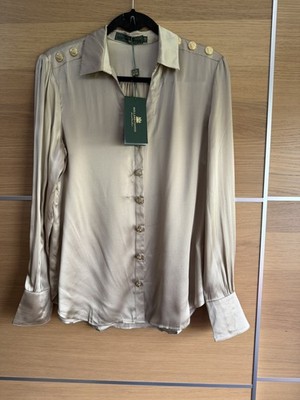 Holland Cooper Size 12 Champagne 100% Silk V Neck Blouse Gold Button Long Sleeve