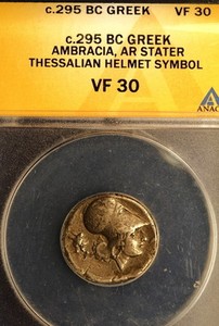 C.295 BC ANACS VF30 Greece Ambracia,Thessalian Helmet Symbol" AR Stater! *B25618